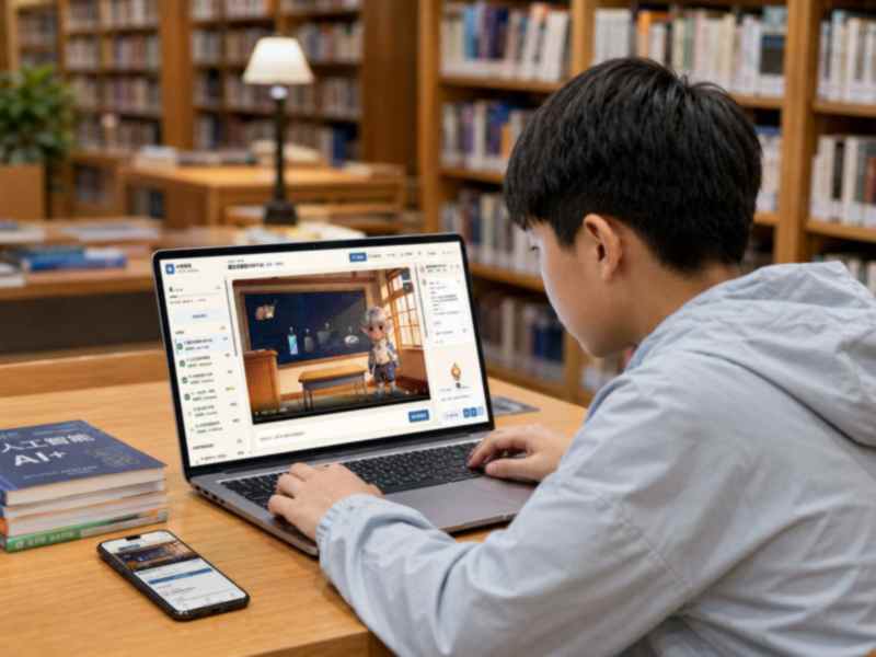 学生在图书馆用笔记本电脑上课